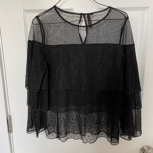 Three Hearts Mesh Polka Dots Lace Sheer Tiered Ruffle Top
